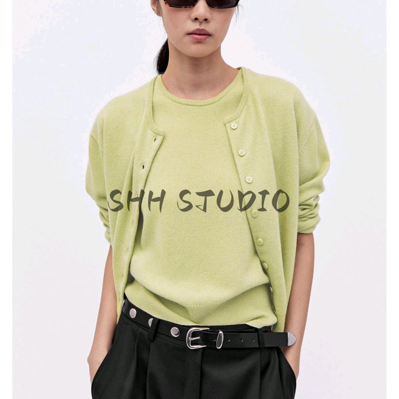 MD Autumn New Women Clothes Commuter Style Solid Soft Glutinous Fleece Blended Round Neck Knitted Cardigan 5770593