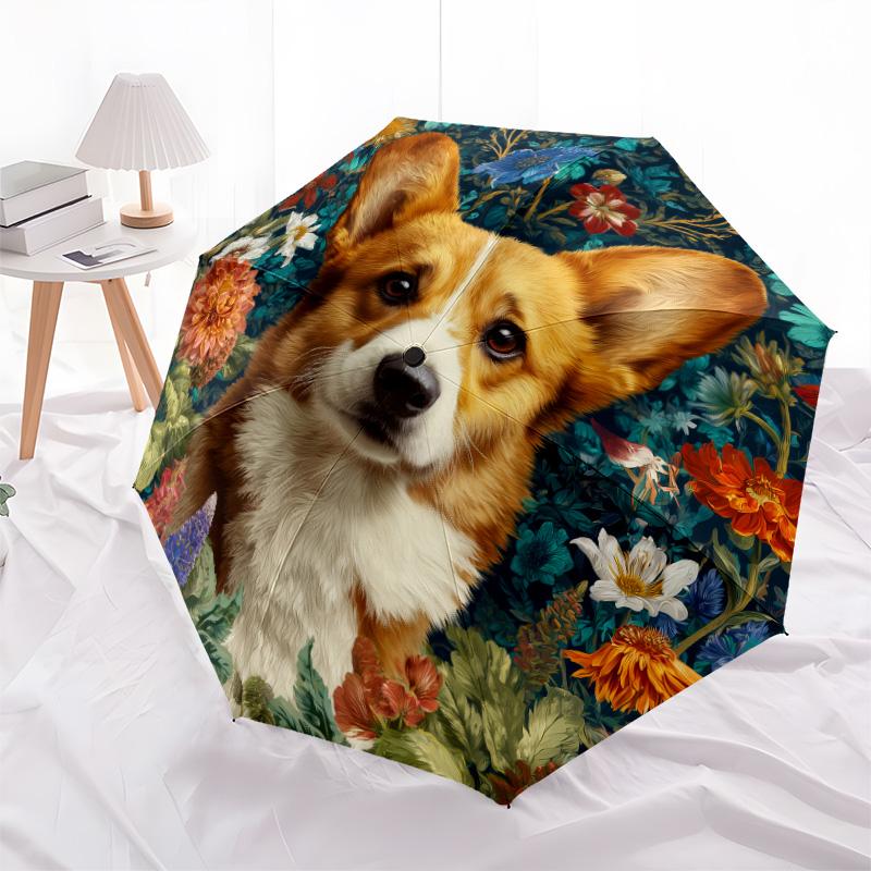 0106 Floral Dog  pattern, automatic folding umbrella, portable and foldable design, 8 ribs, a Christmas or birthday gift.