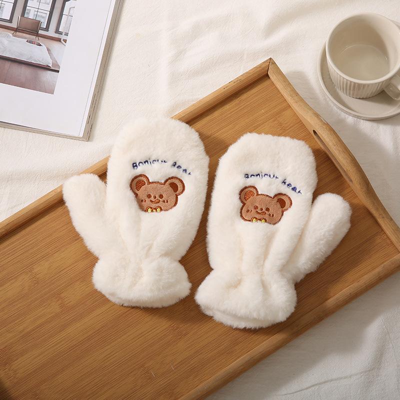 Cartoon Gloves Women's Autumn and Winter Fleece Thickened Casual Windproof Cute Tea Tea Bear Warm Plush Full Finger Hanging Neck