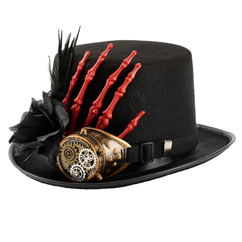Accesoriu Costum Gotic Pălărie Cu Mână Schelet Design cu Pană Pălărie Cilindru din Lână Pentru Eveniment Tematic Adunare Halloween Pălărie roșu/negru