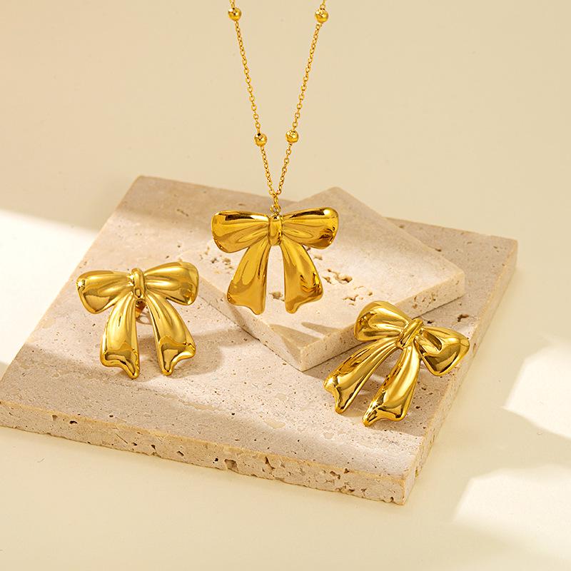 

18k Gold & Stainless Steel French Ribbon Bow Necklace & Earring Set