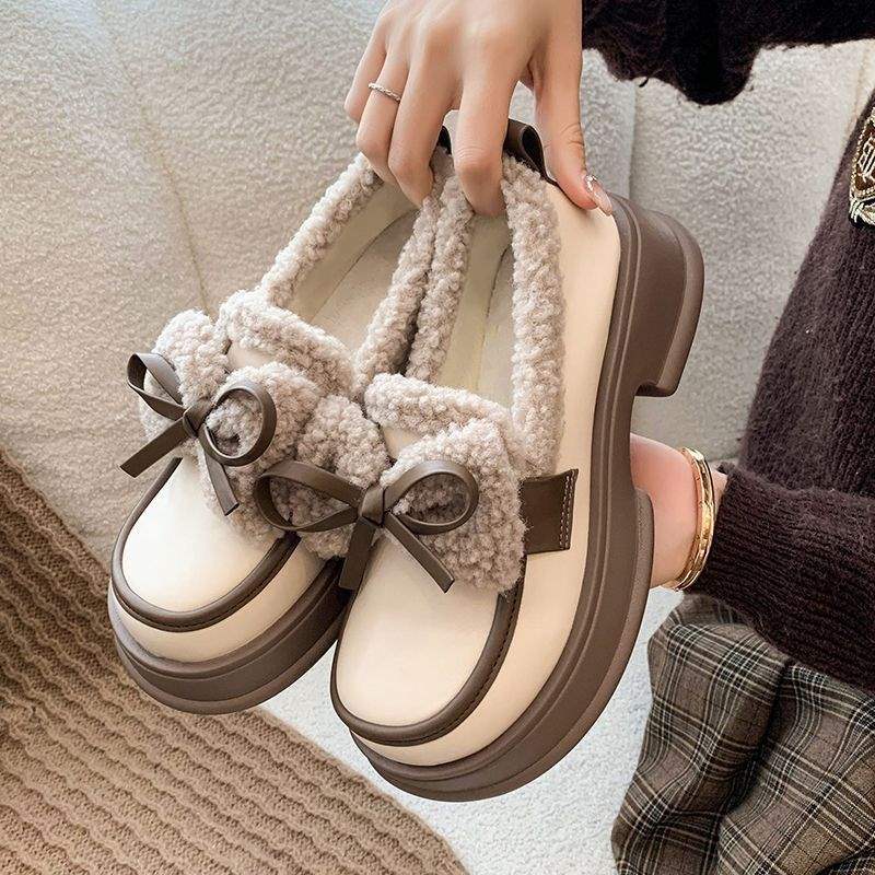 

Warm velvet leather shoes cotton shoes 2025 winter new one-pedal bow muffin platform loafers women 40