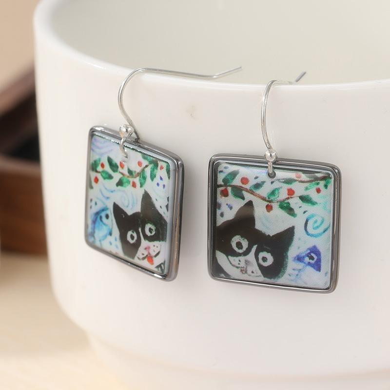 Cute Cat Enamel Square Dangle Drop Earrings For Women Simple Lovely Animal Earrings Daily Casual Commute Jewelry Idea Gifts