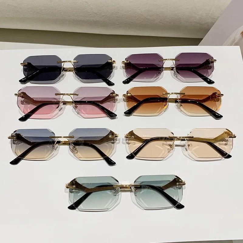  New Fashion Trending Small Rectangle Sunglasses Retro Metal Rimless Gradient Shades UV400