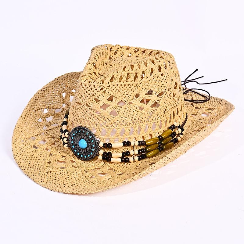 

Летняя бисерная бирюзовая шляпа женская полая дышащая плетеная соломенная шляпа ретро шляпа-клош солнцезащитная шляпа ковбойская шляпа One Size