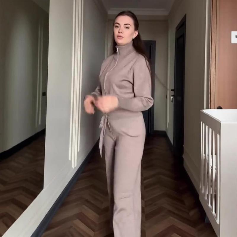 Lässiger Reißverschlussjacke-Pendleranzug Einfache einfarbige Streetwear Lange Hosen Outfits Frühling Herbst Gestrickte Damen Zweiteiler