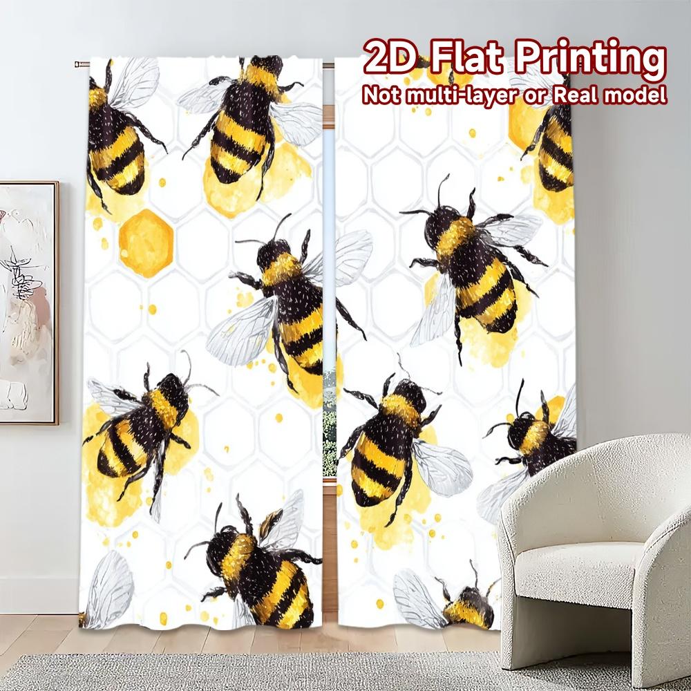 2pcs, 2D FLAT PRINTING Curtains (Without Rod) BeeHivePattern(1) Light Filtering Chic Curtains Prints Light Filtering Curtains