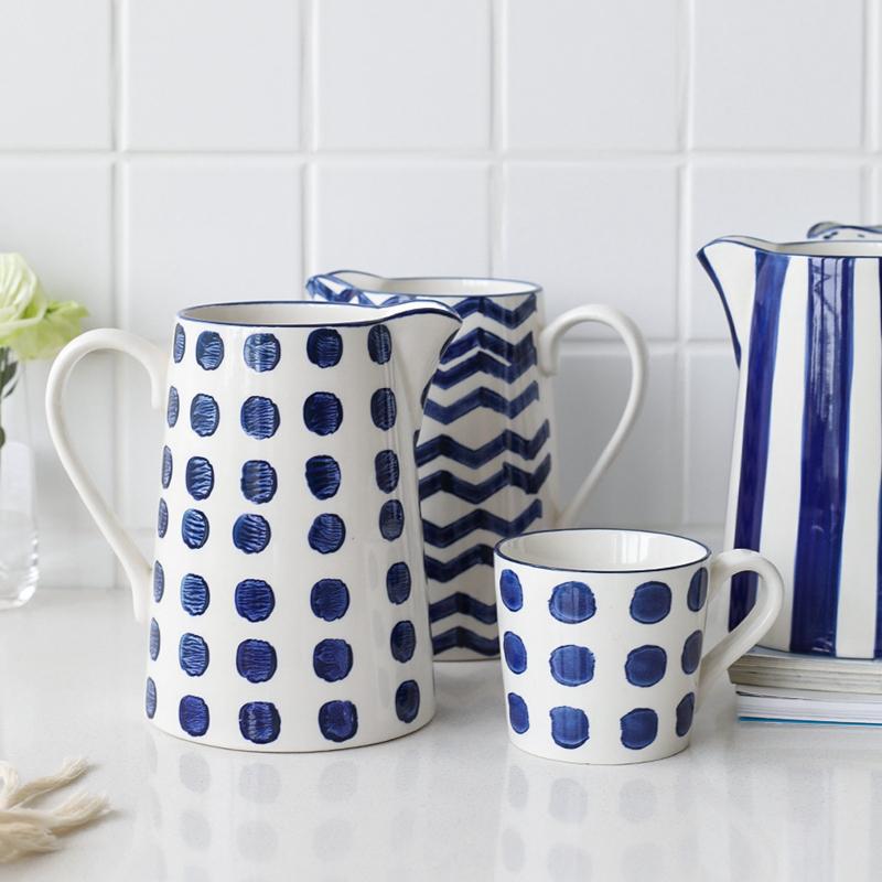 1.5L Blue Ceramic Water Jug Milk Tea Juice Bottle Household Kitchen Water Pot Kettle Mug Microwave Supply Water Jar