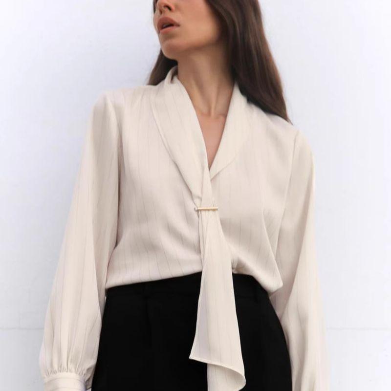 Spring New Arrival Women's Clothing K-style Slim Looking Metal Color Line Stripes Lapel Long Sleeves Casual Shirt 7969227