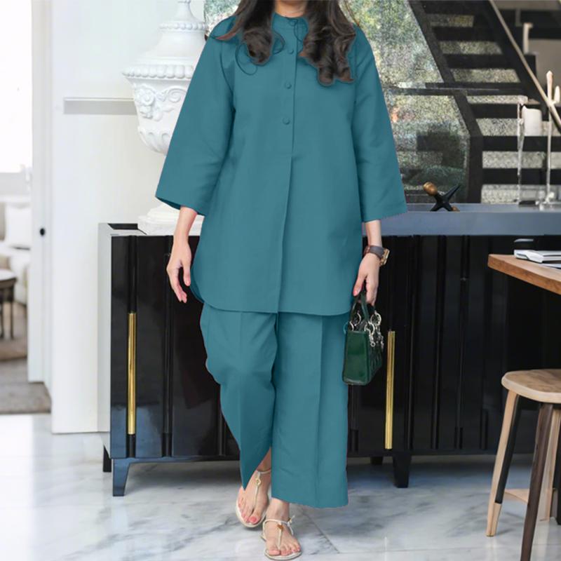 ZANZEA Women 3/4 Sleeve Long Blouse and Pants Casual Two Piece Suit Sets