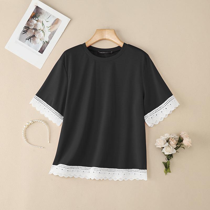

ZANZEA Женская повседневная блузка с круглым вырезом, кружевной вставкой и короткими рукавами 3XL чёрный