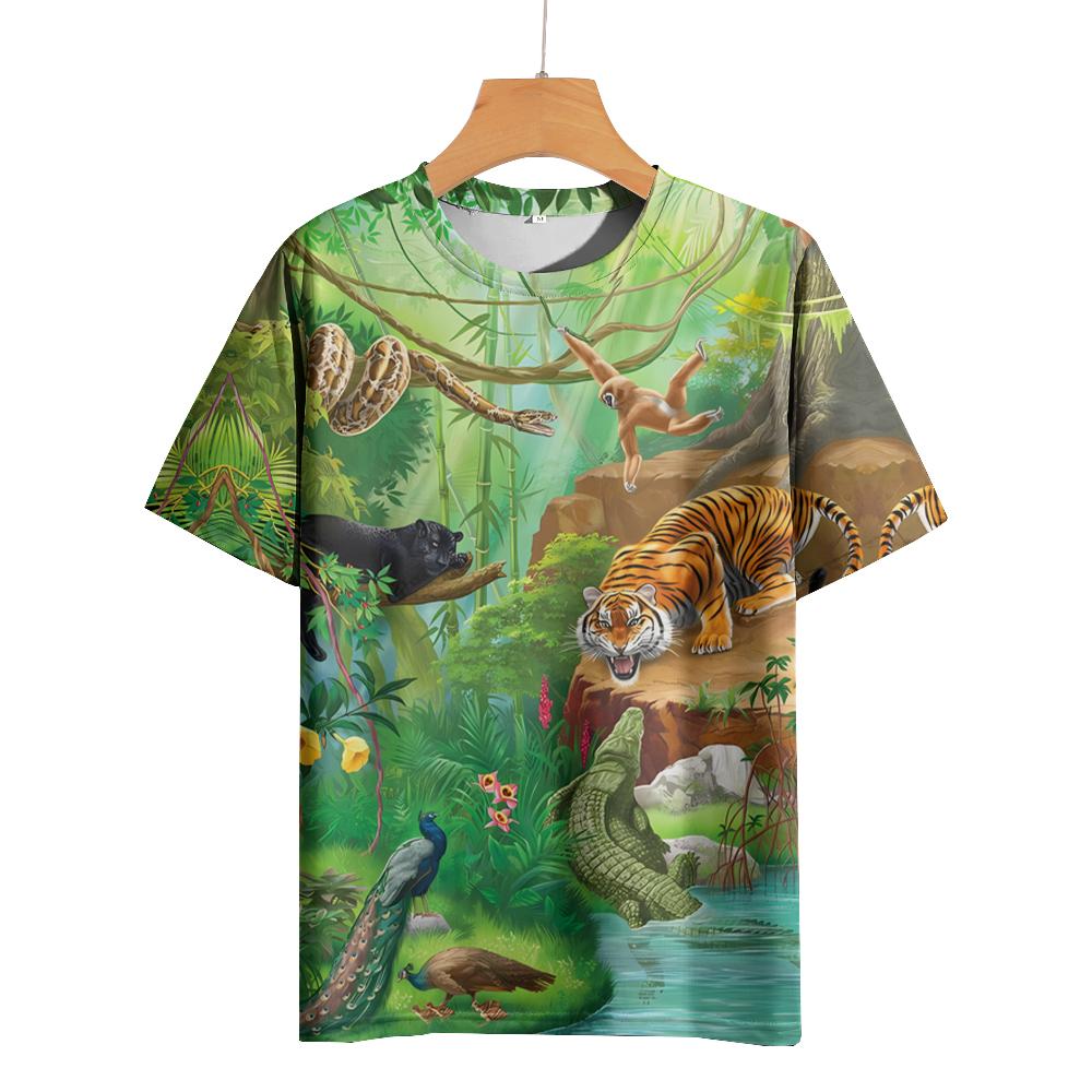 Tričko s kresleným zvířecím potiskem pro muže Trička Starověký les Tričko Outdoor Hip Hop Topy Oblečení Neformální Trička s volným krátkým rukávem