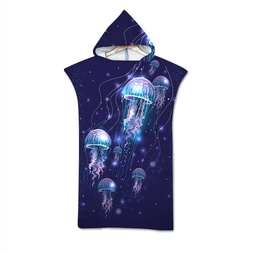 Jelly Fish Bath Beach Towel with Hood Microfiber Soft Hooded Robe Towel Poncho for Swimming Beach Surf Woman Bathrobe Beachwear