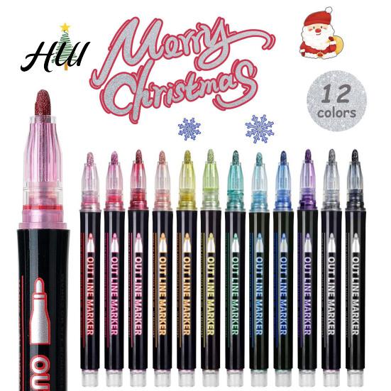 Radiating Lines Markers Dual-Tip Metallic Outline Pens Fluorescent Marker with Colorful Borders Paint Smooth Tip Highlighters for Cards Crafts & Notes