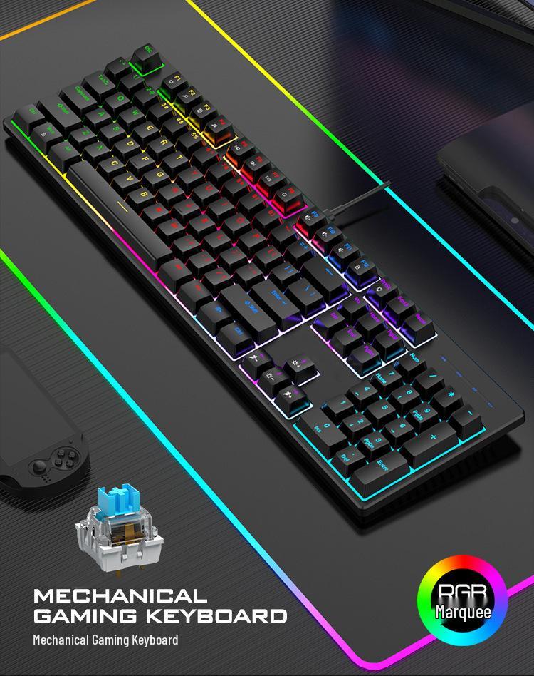 K104 Mechanical Keyboard, Blue Switch, 7-Color Lighting, 26-Key Anti-Ghosting for Office and Gaming.