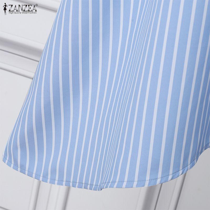 ZANZEA Women Casual Adjustable Long Sleeve Loose Lapel Collar Stripe Shirt Dress