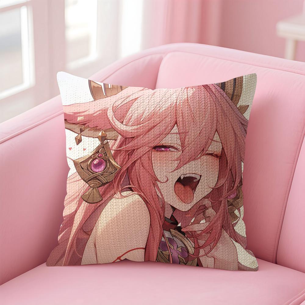 Genshin Impact Yae Miko Cushion Cover Natural Linen Pillow Case Double-Sided Print Decorative Sofa Pillowcase Home Decor Gift