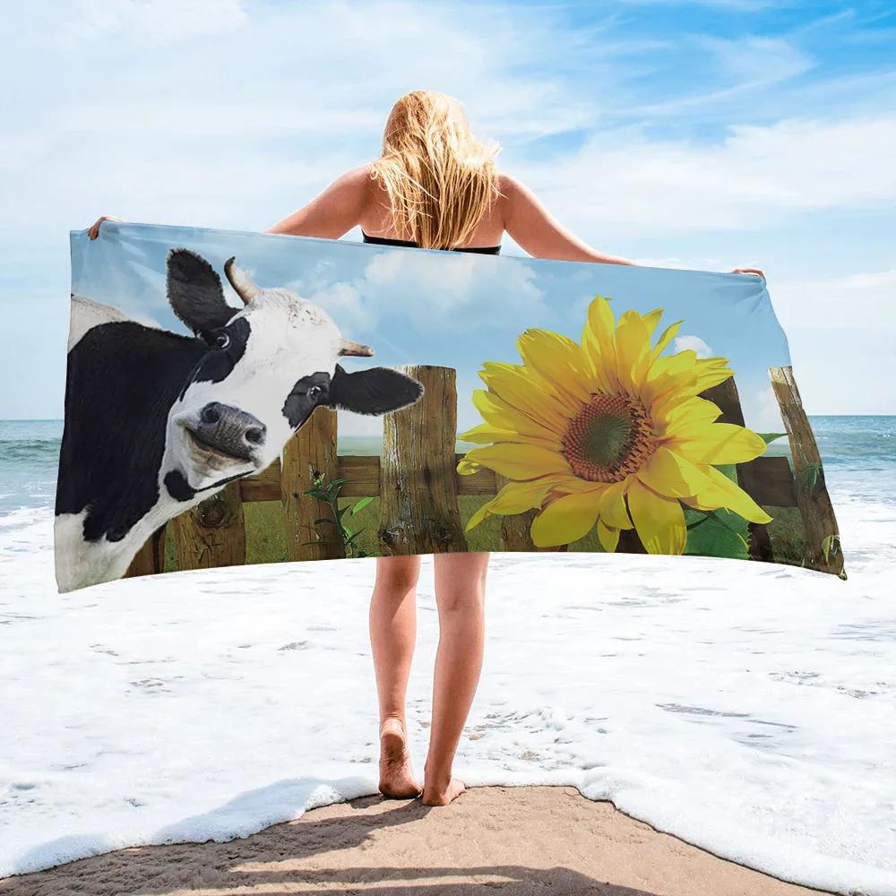 Country Style Highland Cow Beach Towel Farm Animal Bath Towel Quick Dry Lightweight Travel Sport Spa Gym Swimming Pool Towels W40*H60(CM)