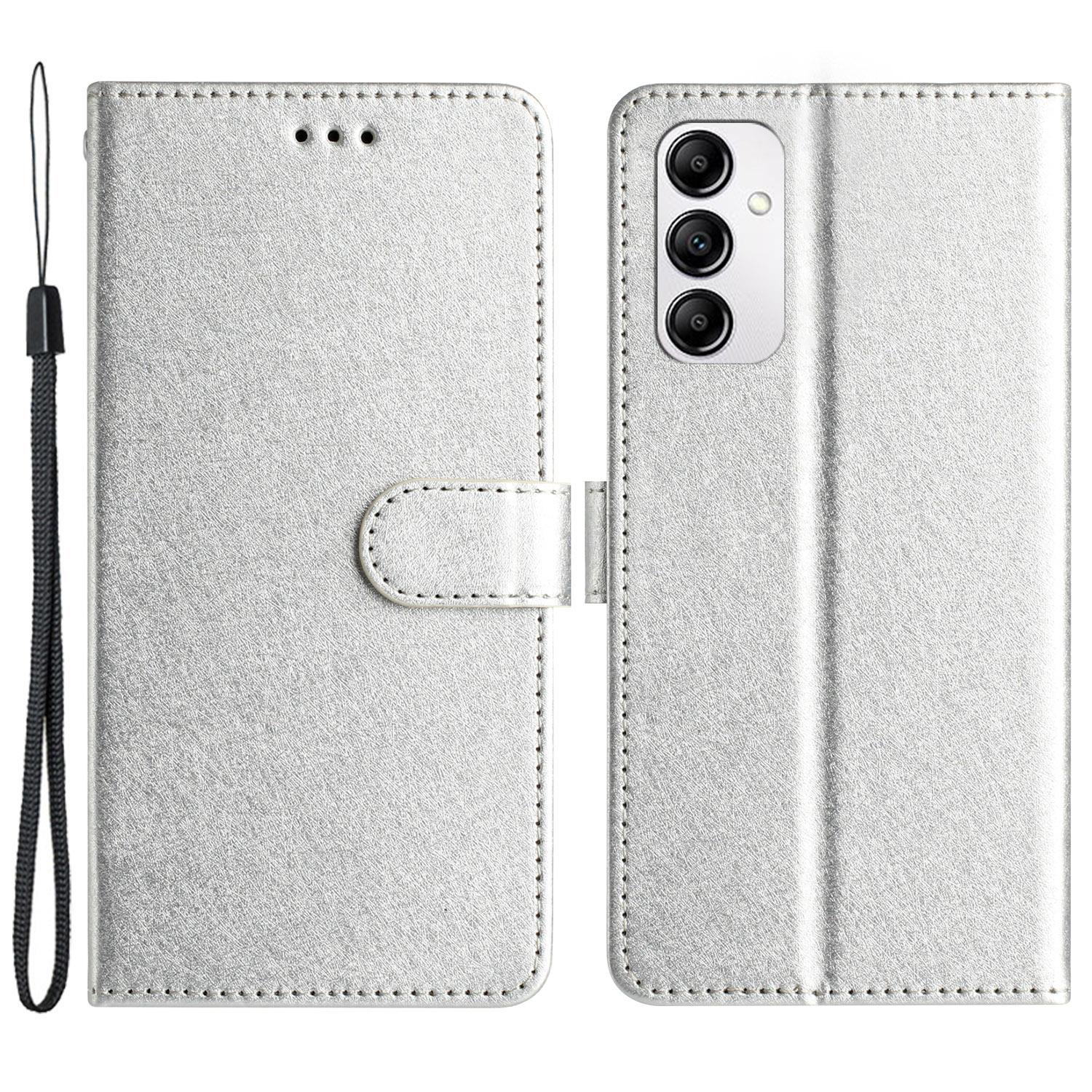 

Phone Case for Samsung Galaxy A15 4G PU Leather Silk Texture Wallet Stand Cover with Strap Silver