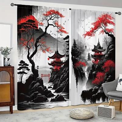 2 kusy Závěsy s potiskem japonské série krajinomalby inkoustem, závěsy s tunýlkem 42*84, bytová dekorace, dekorace pokoje