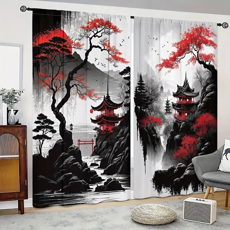 2 Pieces Japanese Series of Landscape Ink Paintings Printed Curtains, Pole Bag Curtains 42*84, Home Decoration, Room Decoration