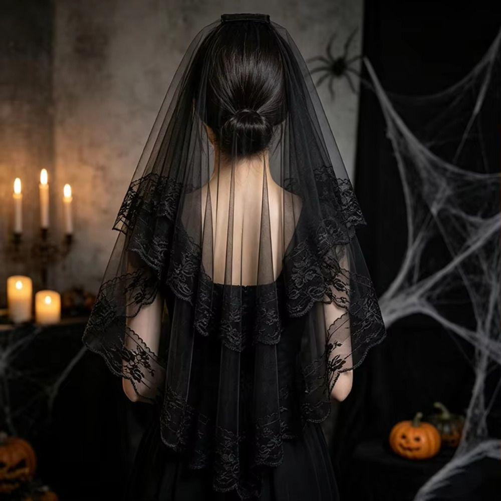 Two-Tier Lace Veil Black Head Veil Classic Gothic Veil For Halloween Cosplay