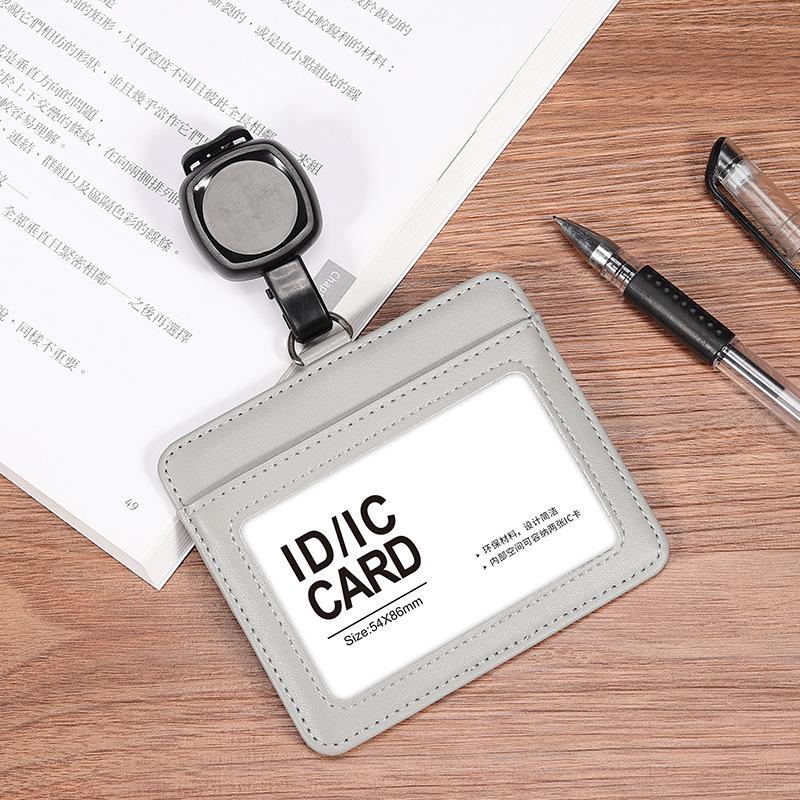 Dual-Use Genuine Leather ID Card Holder with Retractable Lanyard: Horizontal & Vertical Slots for Employee Badge or Exhibition Tag