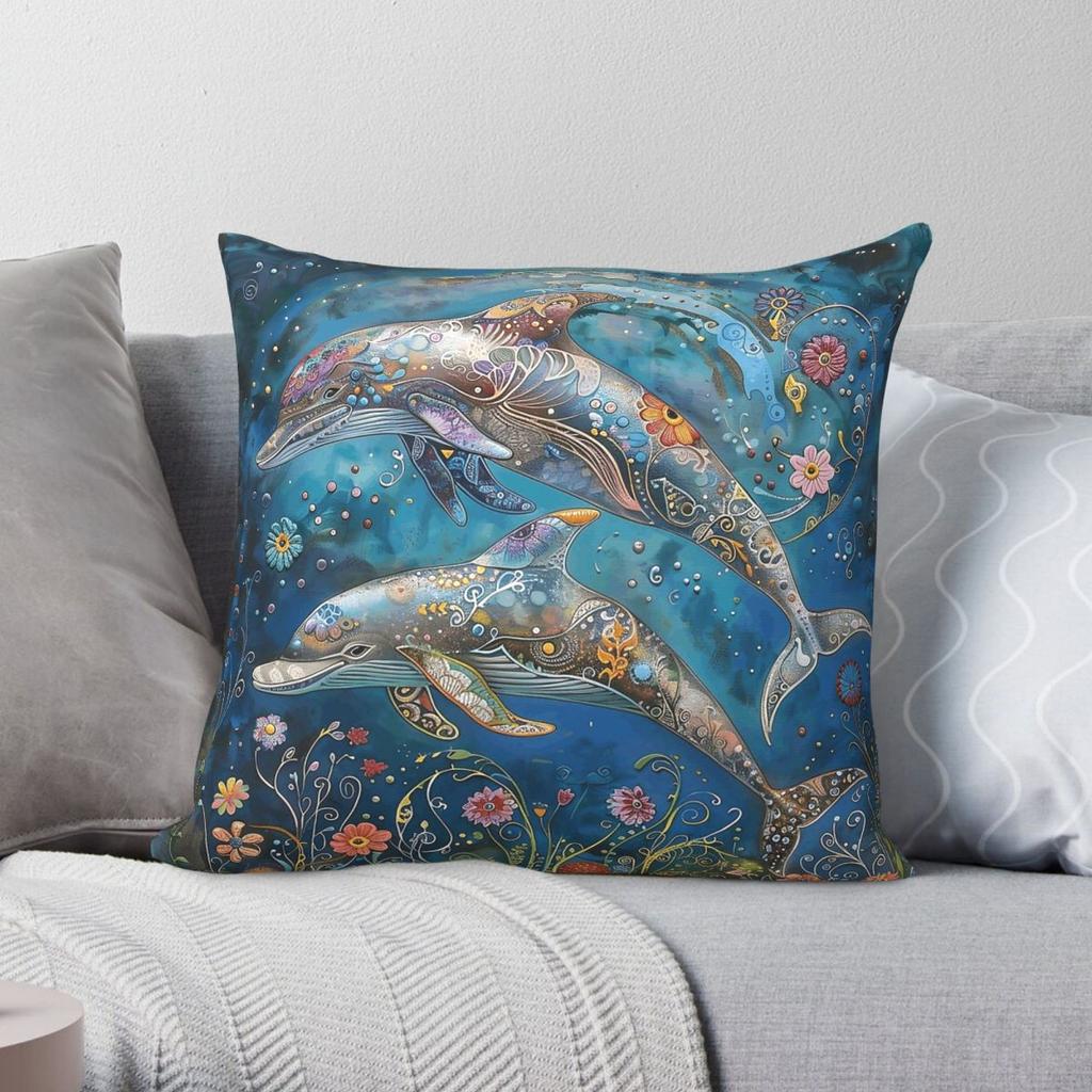 Bunte skurrile Delfin-Quadrat-Kissenhülle Polyester Leinen Samt Bedruckte Dekoration Wurfkissenhülle Sofasitzkissenhülle