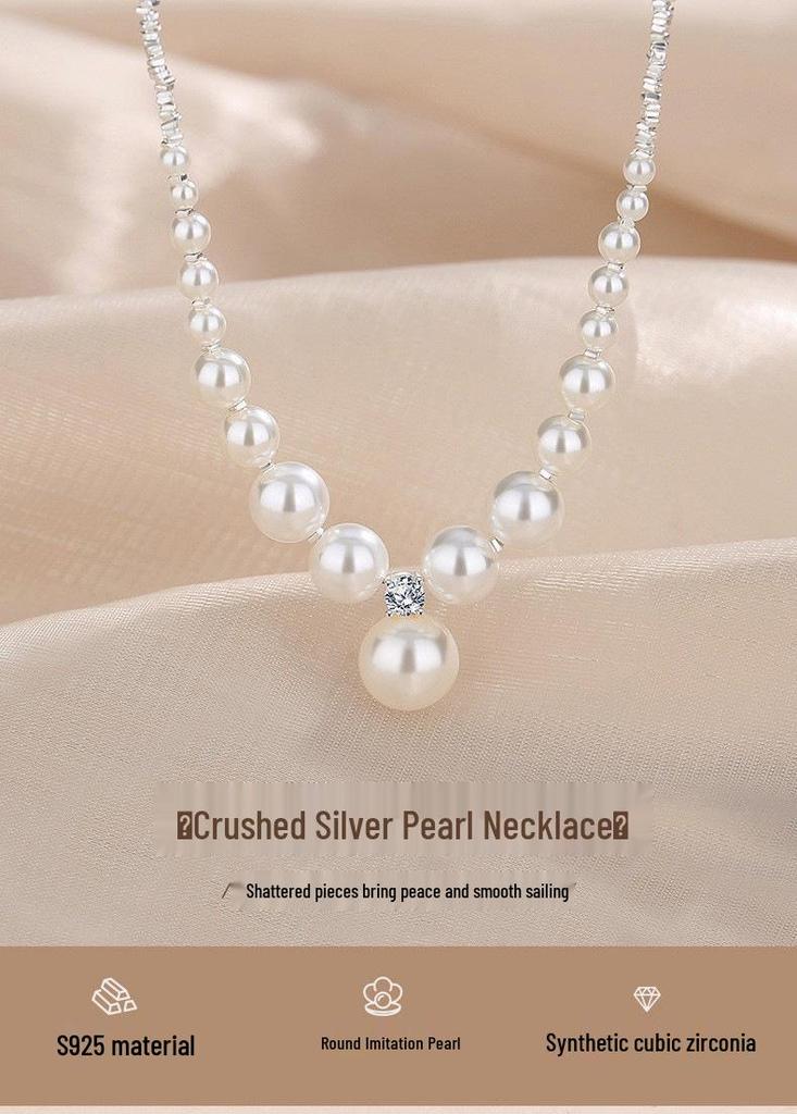 Luxurious S925 Sterling Silver Clavicle Necklace with Crushed Silver and French-Style Round Imitation Pearls.