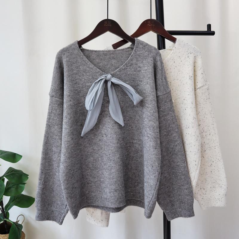 Autumn and Winter New Color Dot Lace-up Bow Knitted Sweater Top Loose Soft Waxy Gentle Wind Sweater Pullover Woman