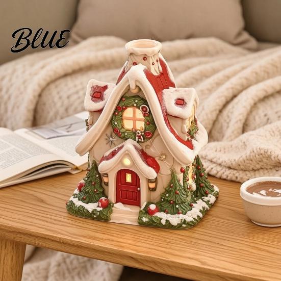 Decorative Figurines for Living Room Christmas Snow House Incense Burner, Backflow Holder, Small Village with Red Bricks Festive Xmas Desktop Figurine