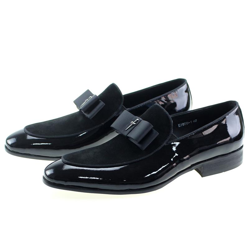 Handmade Men's Genuine Leather Patent Suede Loafers Patchwork Bow Tie Dress Shoes for Wedding Banquet Formal Occasions