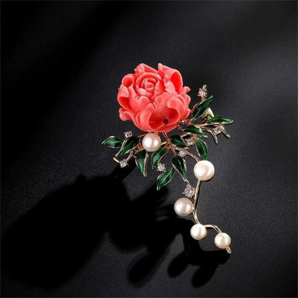 Sparkling Peony Flower Brooches Sweet Pink Brooches Fashion Pearls Brooches  Women Dress Decoration