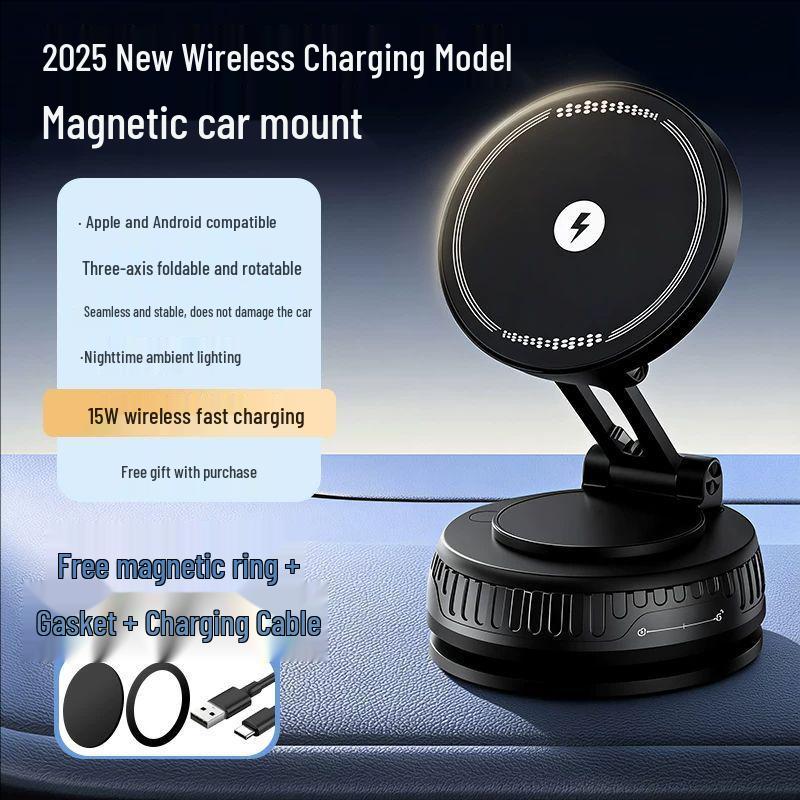 15W Magnetic Car Mount & Wireless Charger with Rotating Suction, Compatible with Apple 17