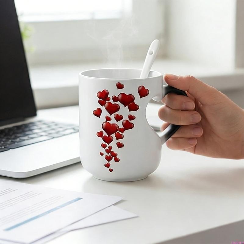 

350ML Magical Heat Reaction Ceramic Cup And Spoon Gift Set Displays Lovely Heart Pattern When Filling Water Over 60 ℃ 301-400ml