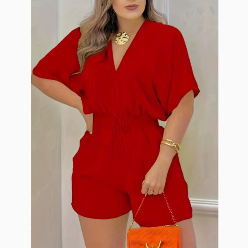 

New Spring/Summer European and American Style Women s Casual V-Neck Waist-Cinching Jumpsuit with Shorts, Comfortable,Simple and Fashionable XXL червоний