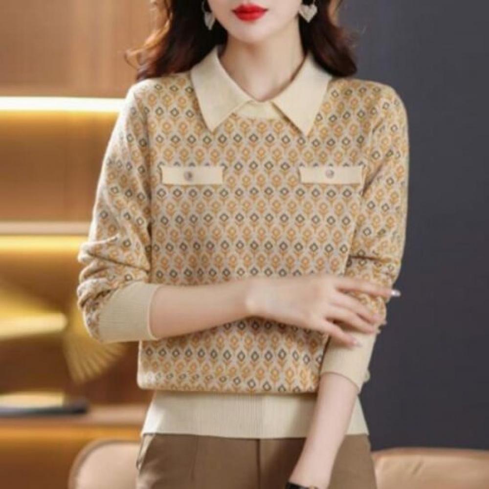 Navava Women Color Pattern Point Collar Long Sleeve Knit Top Nk3534