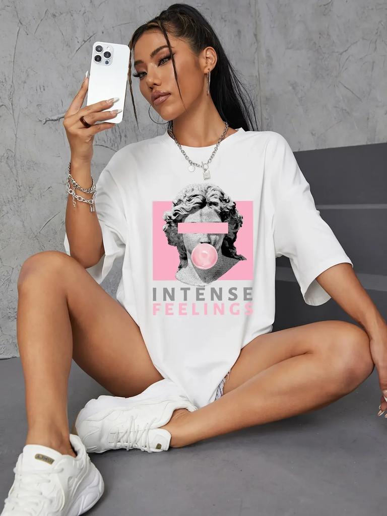 Unisex INTENSE FEELINGS Street Hip Hop Female T-Shirts Loose Oversize Short Sleeve Soft Soft Tops Summer Breathable Tee Clothing