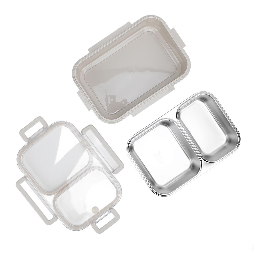 Stainless Steel Lunch Box Container Sealed Odorproof 2 Compartment Portable Square 1.2L Grey