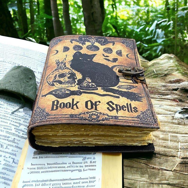 Book of Shadows Grimoire Journal Magic Cat Printed Witchcraft Supplies Witch Wiccan Notebook Handmade Deckle Paper Great Gifts