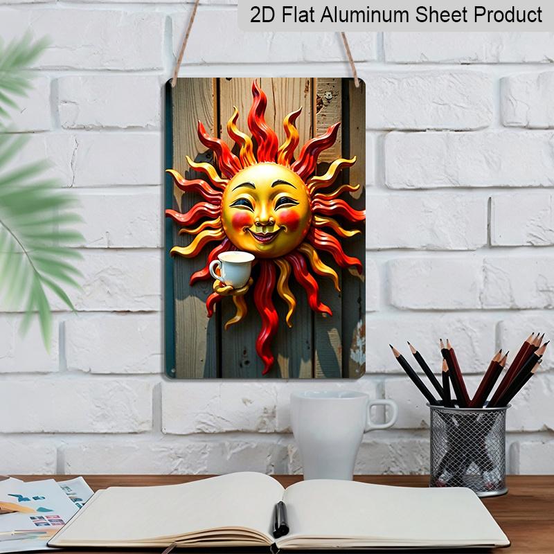 2D Flat, 1pc Vintage Embossed Metal Sign - Vibrant Sun Face with Coffee Cup Metal Wall Art, Rustic Aluminum Outdoor Decor for Garden, Patio, Porch