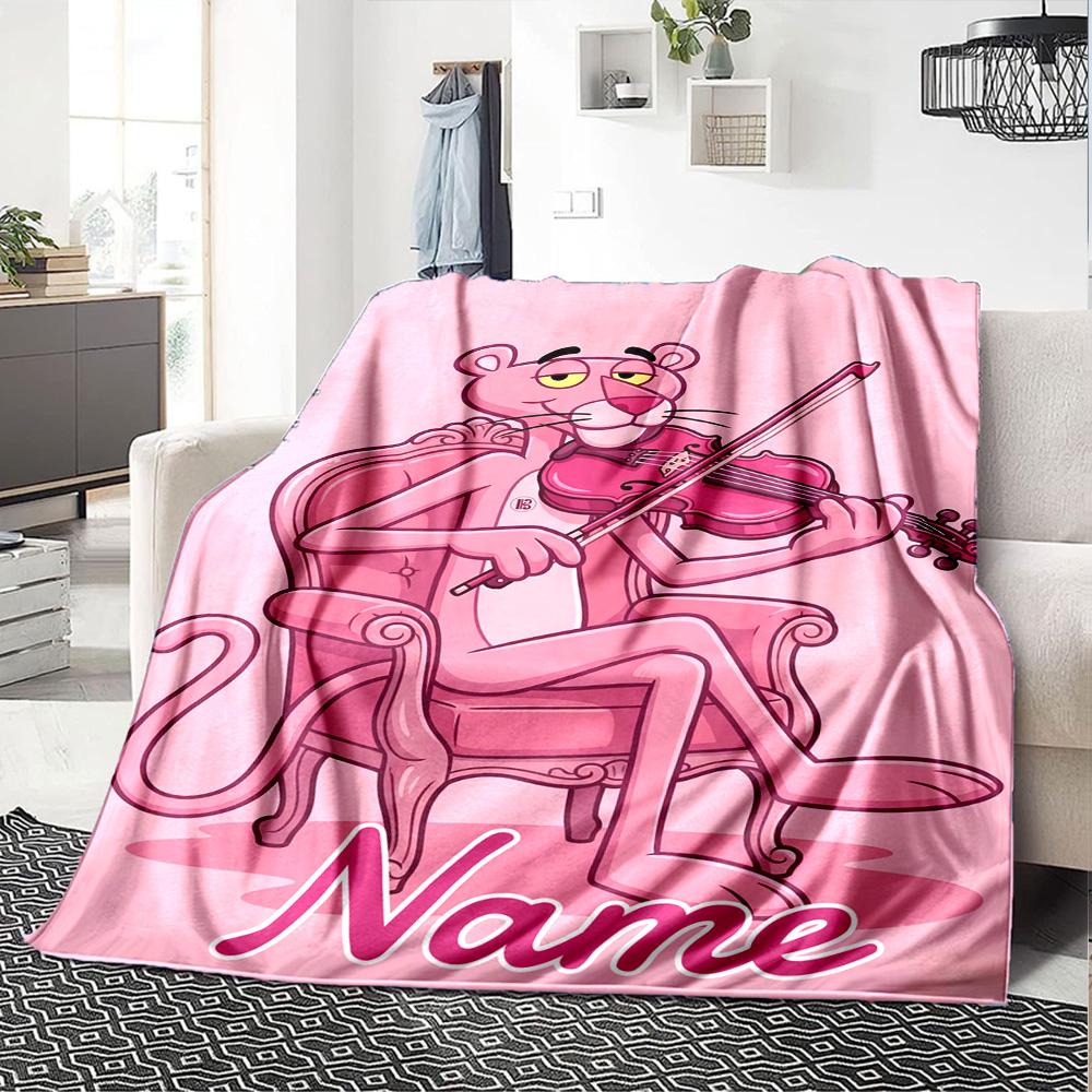 Custom Name Pink Panther Violin Flannel Blanket For Super Soft Cute Comfort Blanket For Travel Bedding Couch Sofa Blanket