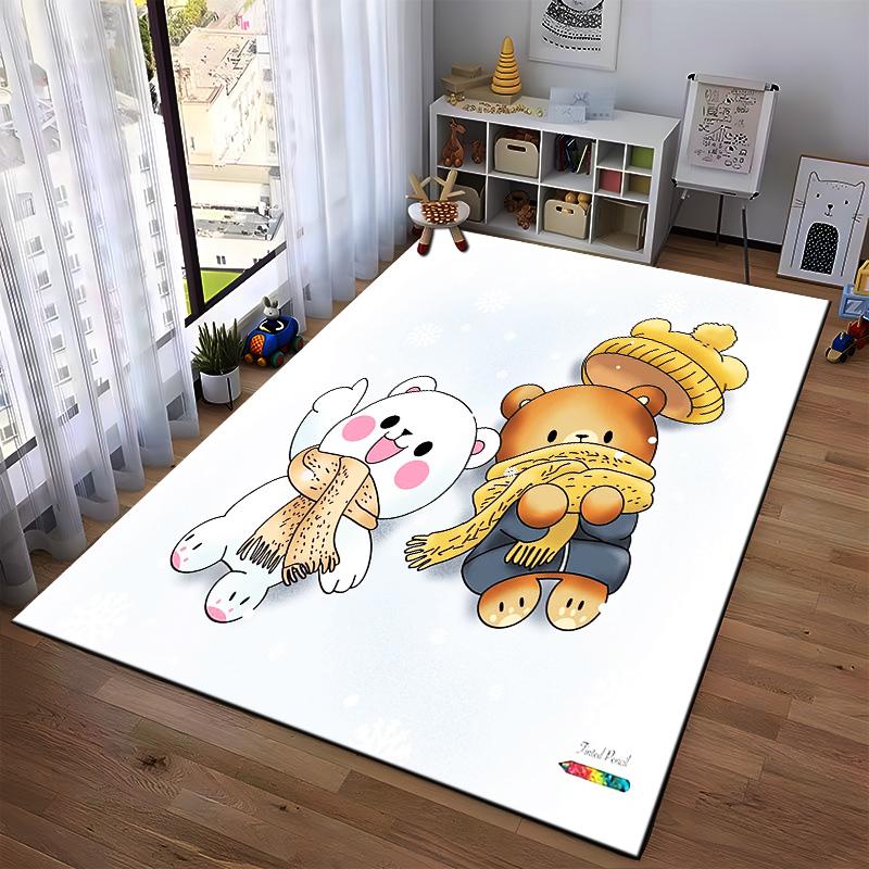 Cartoon Winter-Themed Carpet with Cute Bears In Scarves and Snowflake Background. Suitable for Use As an Anti-slip1 For1room and Bedroom Sofas