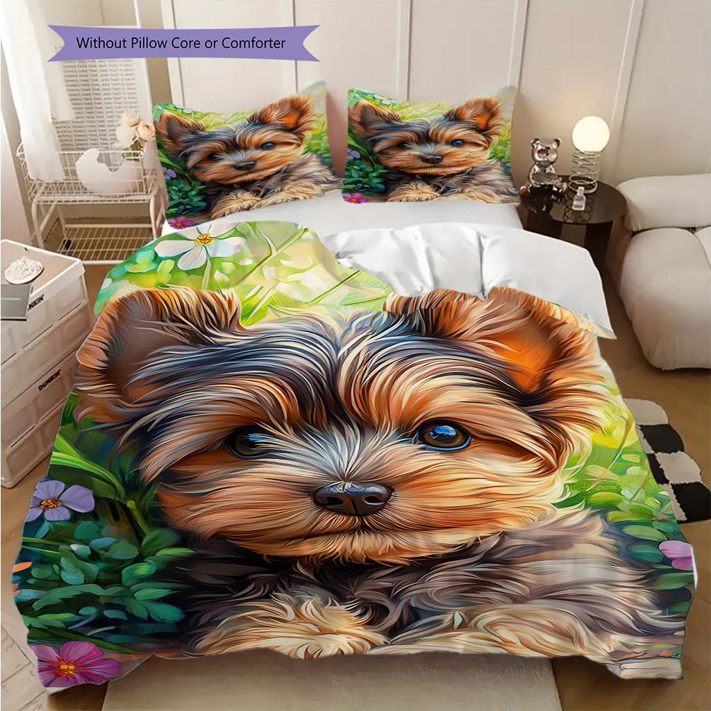 Yorkshire Terrier Pattern Bedding Quilt Set Quilt Cover Pillowcase Home Decoration Birthday Gift (1 * Duvet Cover + 2 * Pillowcase, Without Core)