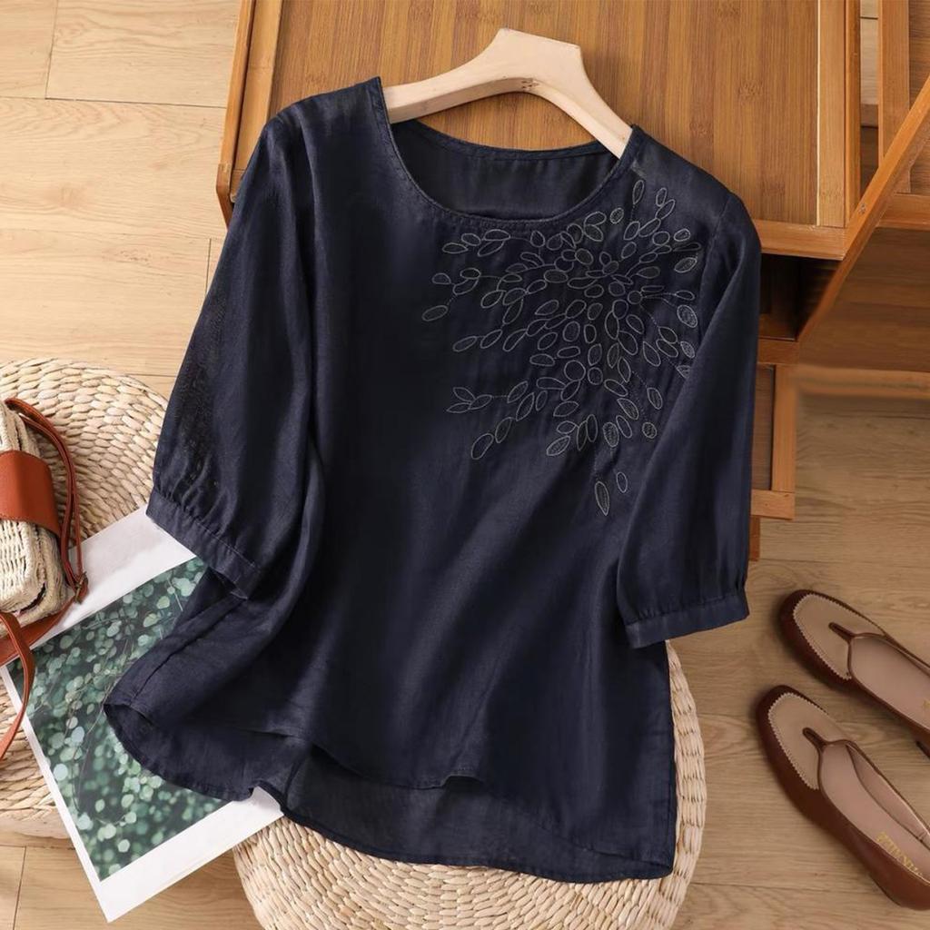 Women's Solid Color Cotton And Linen Short-sleeved Embroidered Retro Breathable T-shirt Round Neck Top