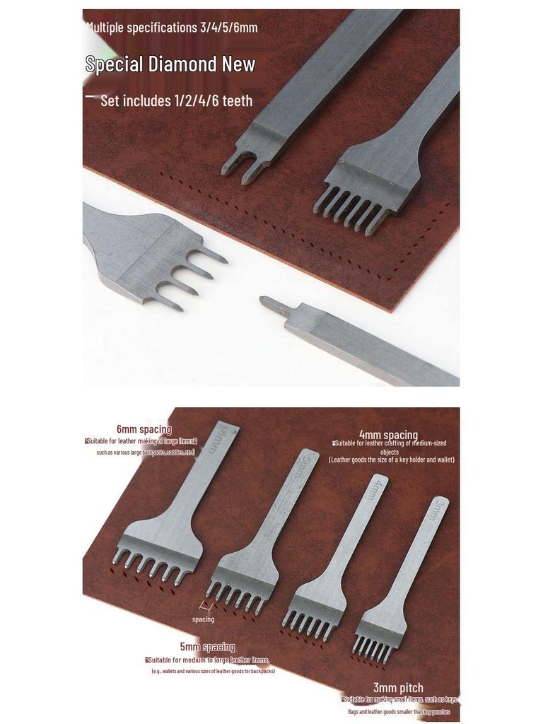 Diamantmeißel Lederhandwerk Set: Schräg- und Flachmeißel in verschiedenen Größen für DIY-Ledernähte (3mm - 6mm)