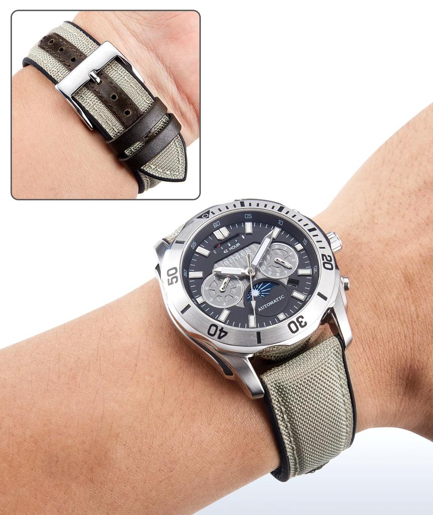 BINLUN Nylon Silicone Watch Quick Release Canvas and Rubber Hybrid Replacement Watch Band for Men and 9 Buckle Strap, 18mm, 19mm, 20mm, 21mm, 22mm,