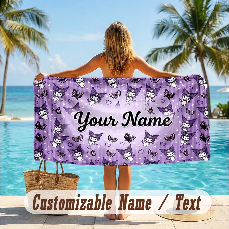 Custom Text Beach Towel, Soft Absorbent Swimming Multi-use TowelKuromi