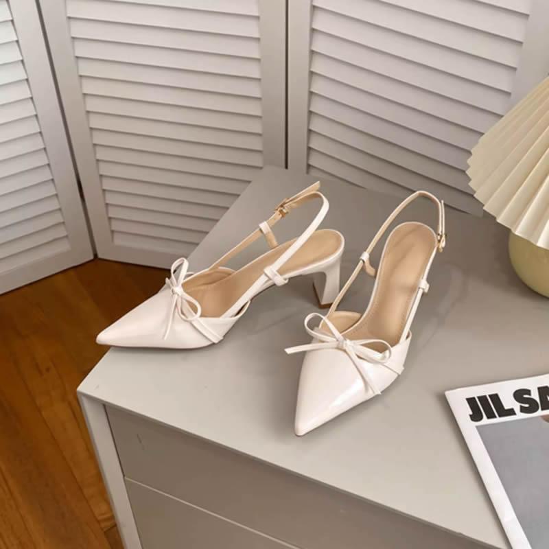 Pointed Toe Shallow Women Sandals Bow Mid Heels Shoes Fad Slingback Pumps 2025 Trend Summer Designer Party Sandalias De Mujer