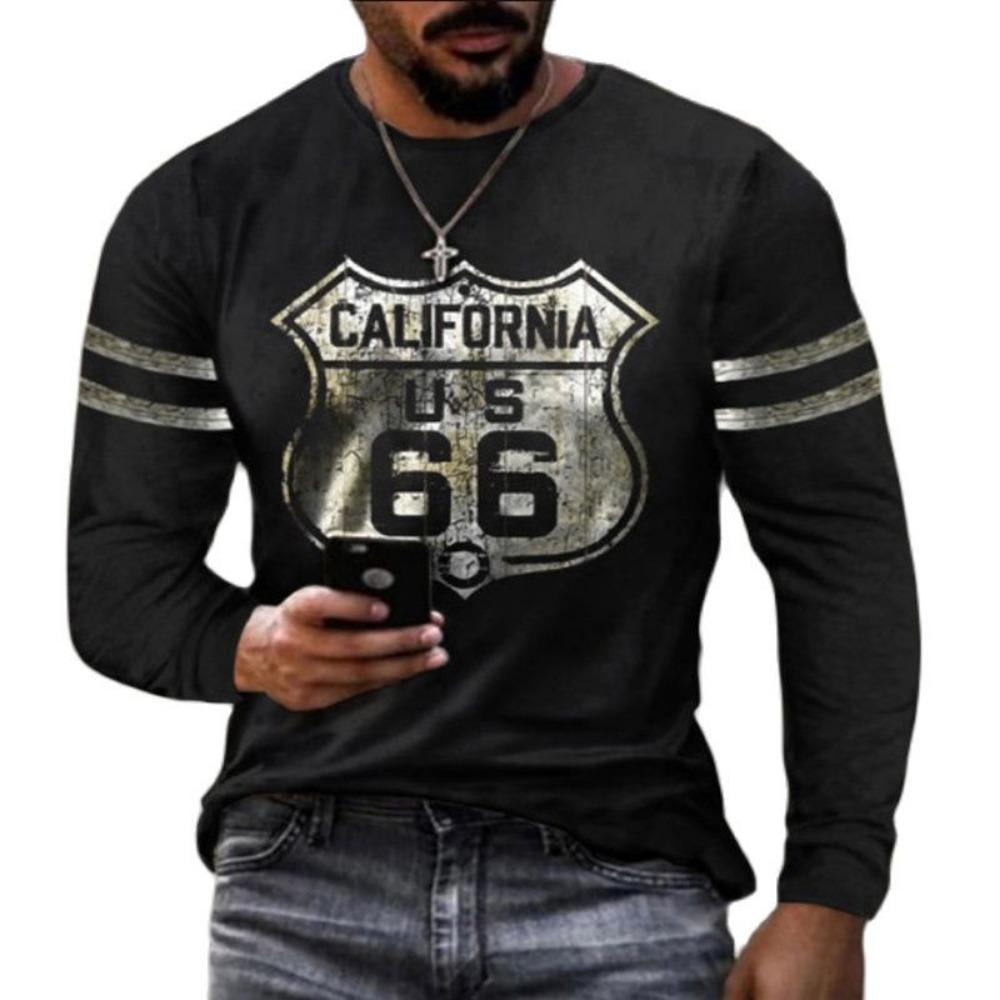 ETST31 2024 Heren T-shirts Lange Mouw 3D Print Top Casual Katoen Vintage T-shirt Vintage Route 66 Tee Los Sport O-hals Kleding 5xl 4XL
